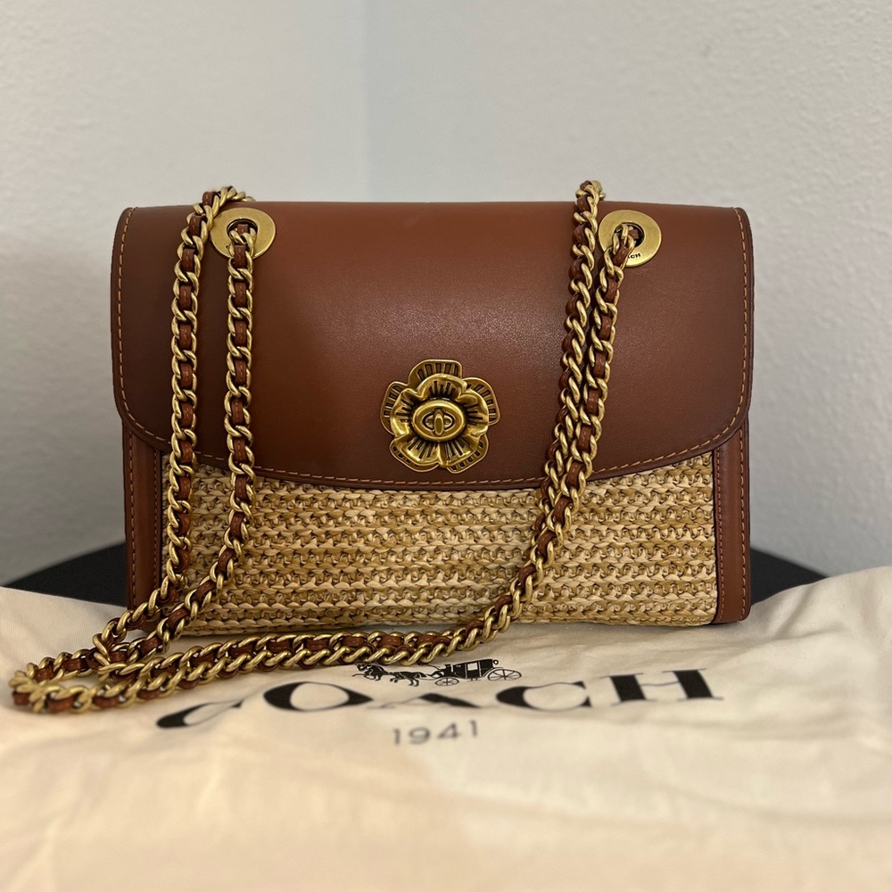 Coach Parker Medium Raffia & Leather Shoulder Bag
